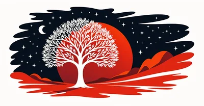 Stylized White Tree Against Red Moon and Night Sky