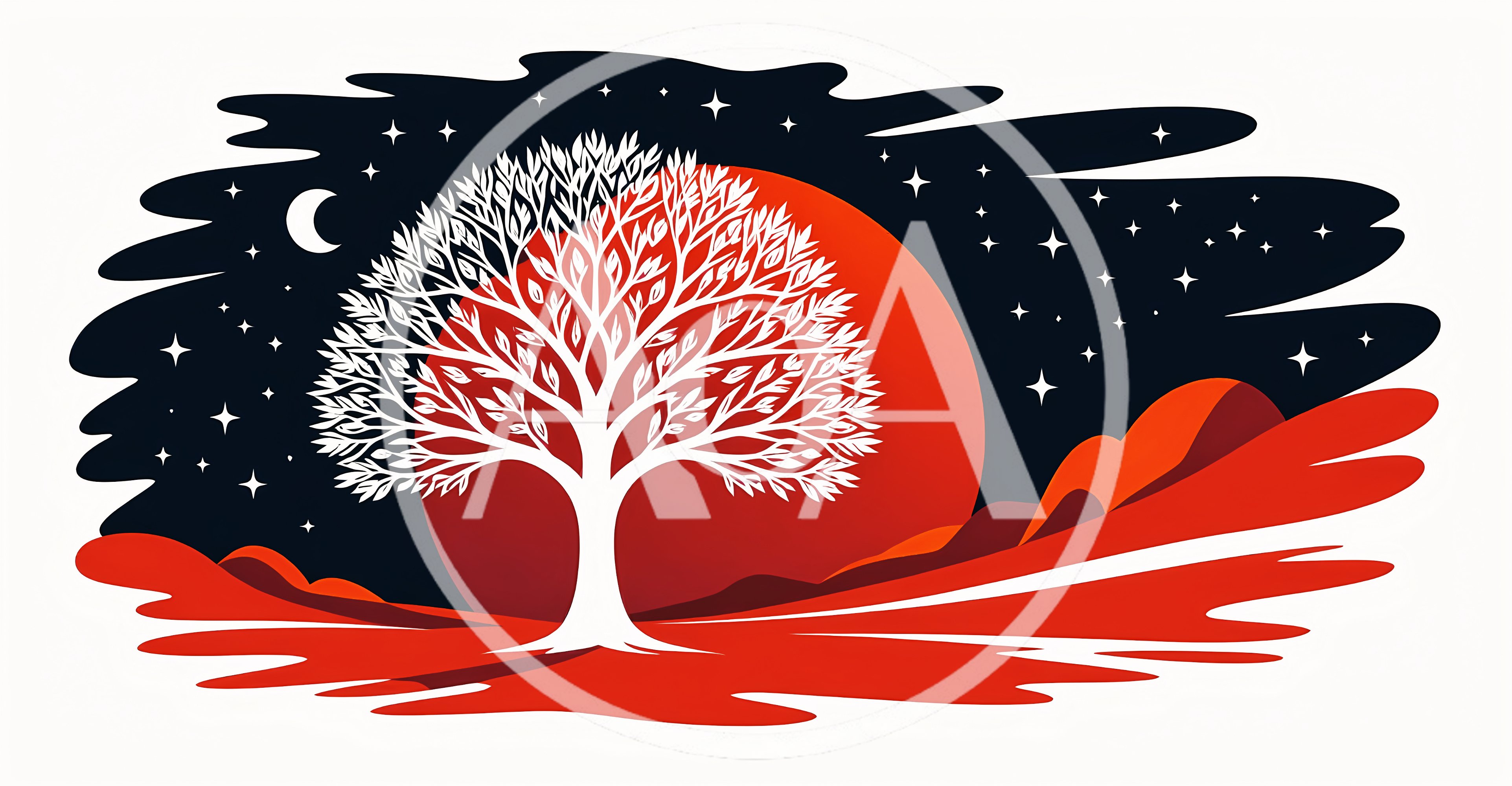 Stylized White Tree Against Red Moon and Night Sky