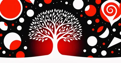Stylized White Tree Silhouette With Abstract Red Circles