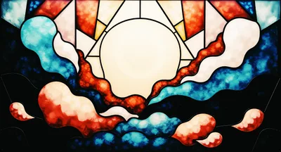 Stained Glass Window Featuring A Radiant Sun And Clouds
