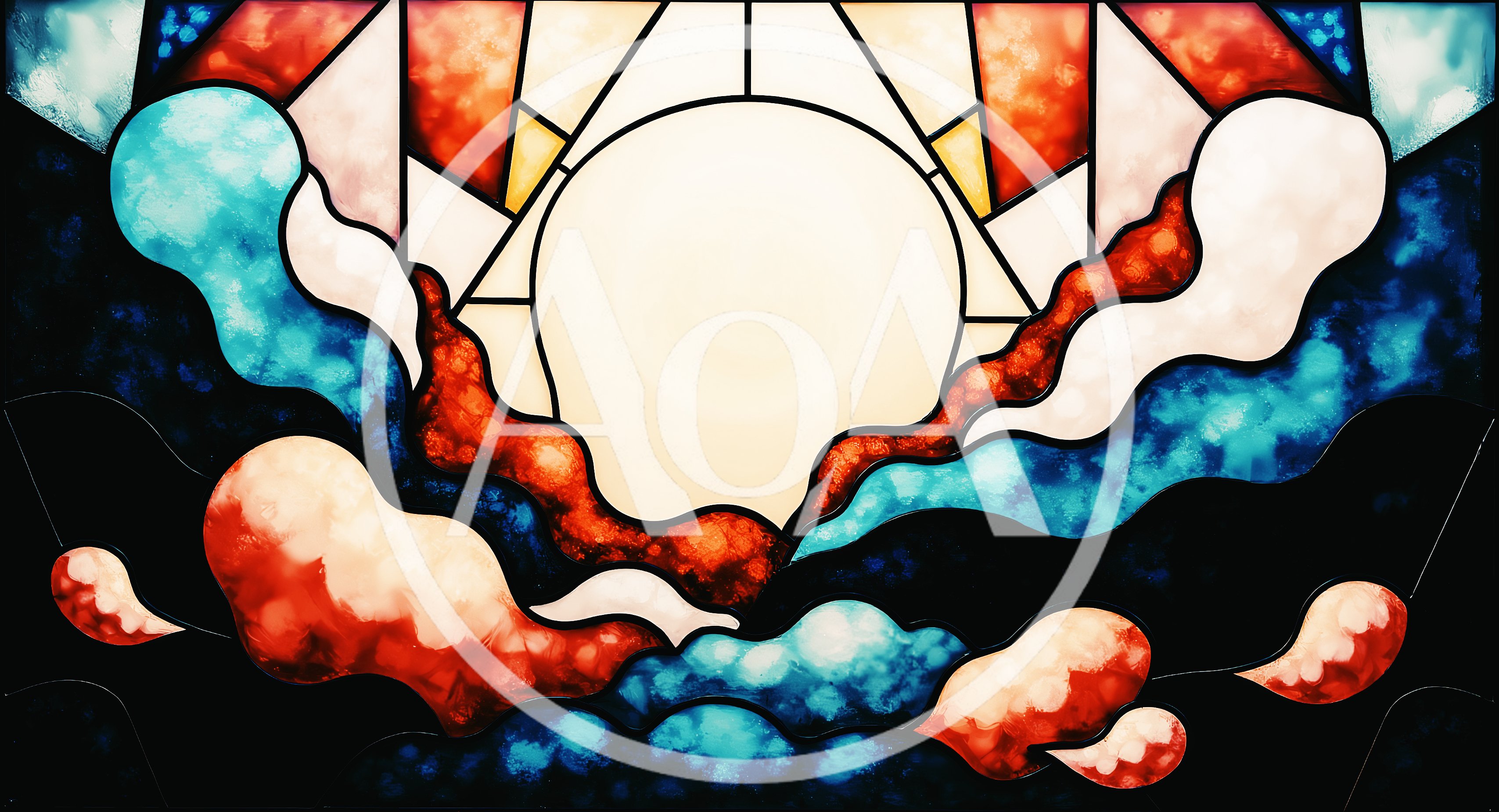 Stained Glass Window Featuring A Radiant Sun And Clouds