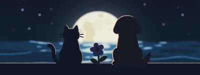 Silhouette Of A Cat And Dog Watching The Moon