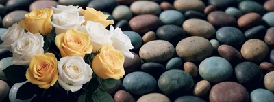 Bouquet of Yellow and White Roses on Smooth Stones