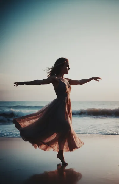 Woman Dancing In Flowing Dress On Beach At Sunset