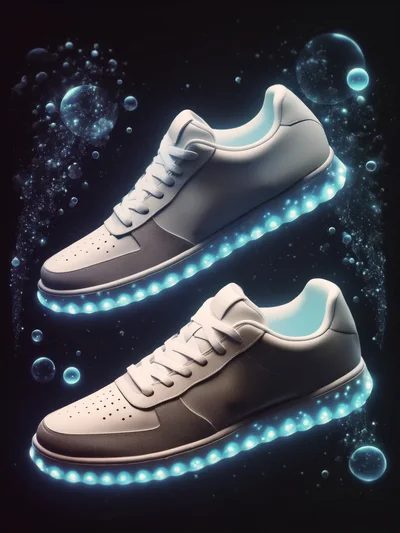 Floating White Sneakers With Glowing Blue Bubble Soles