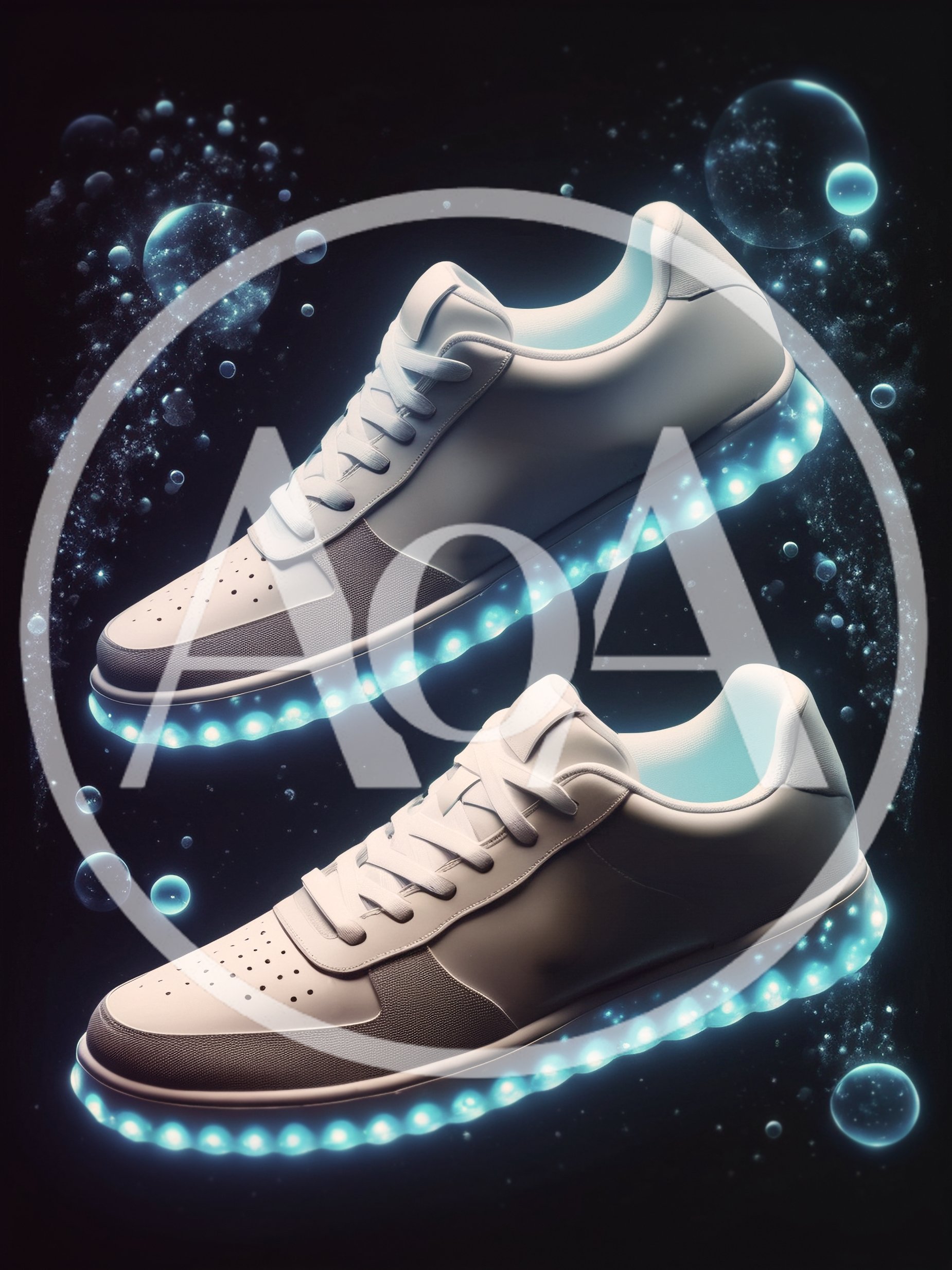 Floating White Sneakers With Glowing Blue Bubble Soles