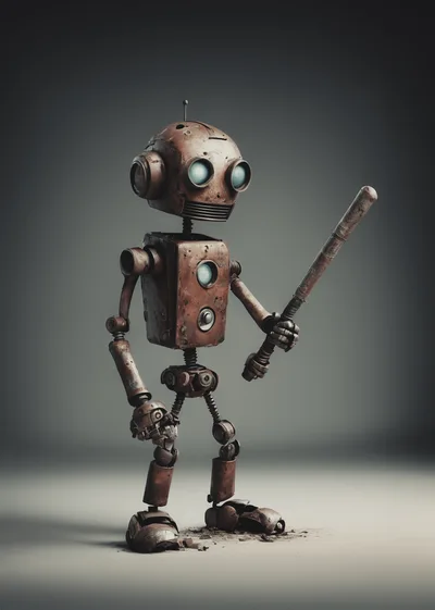 Rusty Vintage Robot Holding A Baseball Bat