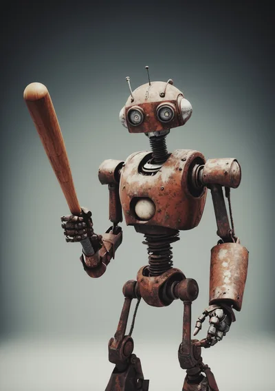 Rusty Vintage Robot Holding A Wooden Baseball Bat