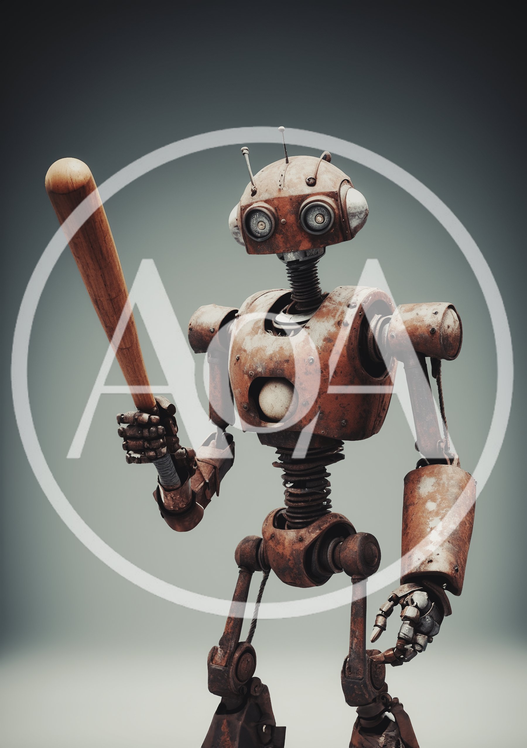 Rusty Vintage Robot Holding A Wooden Baseball Bat