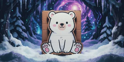 Cardboard Polar Bear Cutout in Snowy Winter Forest