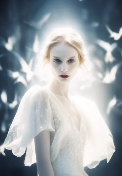 Ethereal Woman In White Dress With Flying Doves