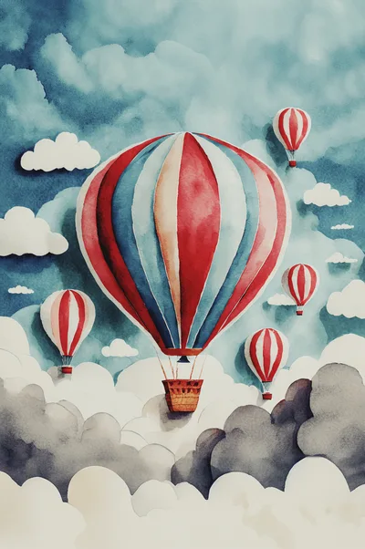 Watercolor Illustration Of Hot Air Balloons In Clouds
