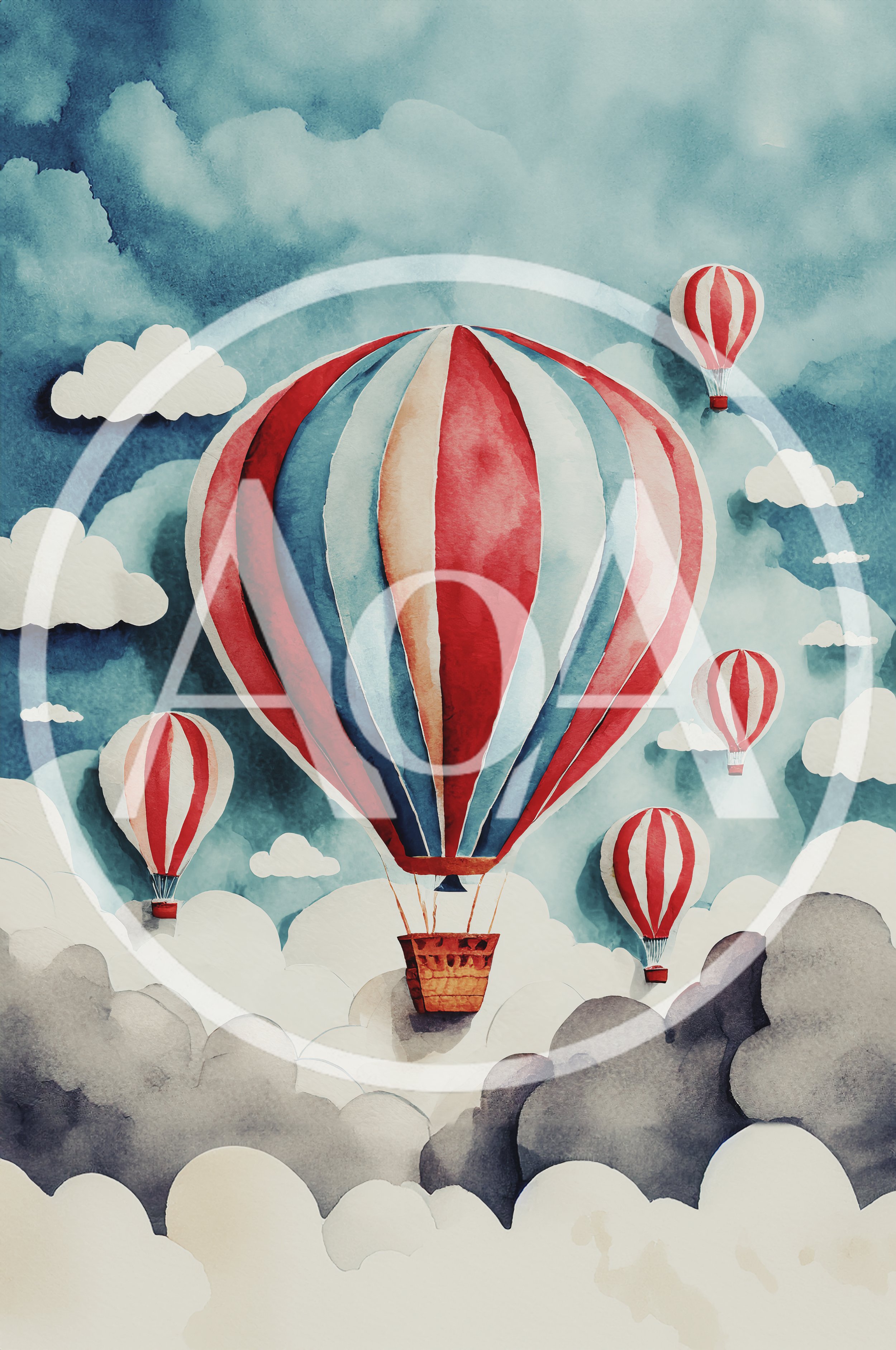 Watercolor Illustration Of Hot Air Balloons In Clouds