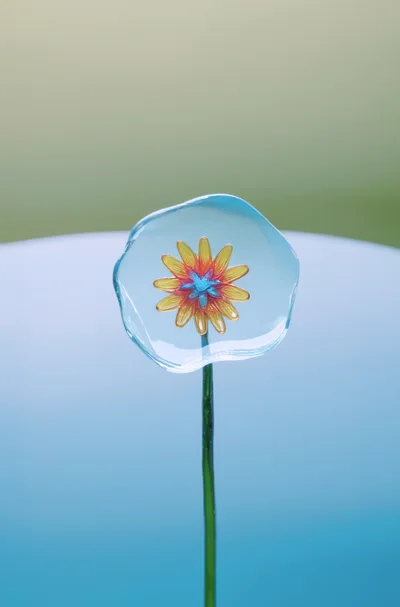 Glass Flower Sculpture With Yellow Petals And Blue Center