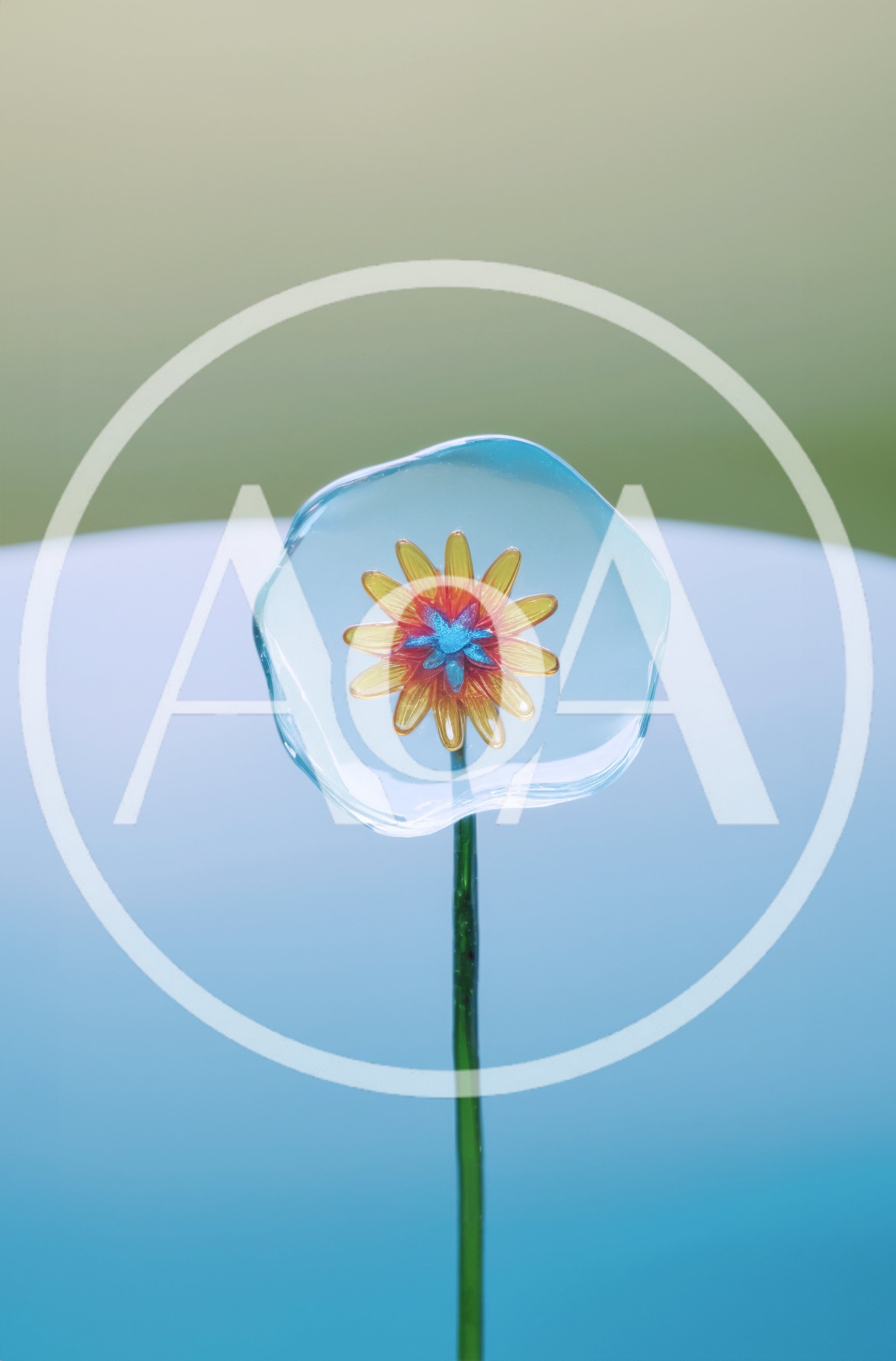 Glass Flower Sculpture With Yellow Petals And Blue Center