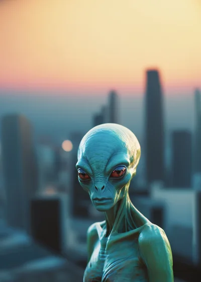 Extraterrestrial Being Standing Before A Blurred City Skyline