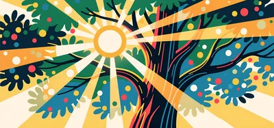 Abstract Stylized Tree With Radiant Sunbeams
