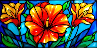 Stained Glass Window Featuring Vibrant Red And Yellow Flowers