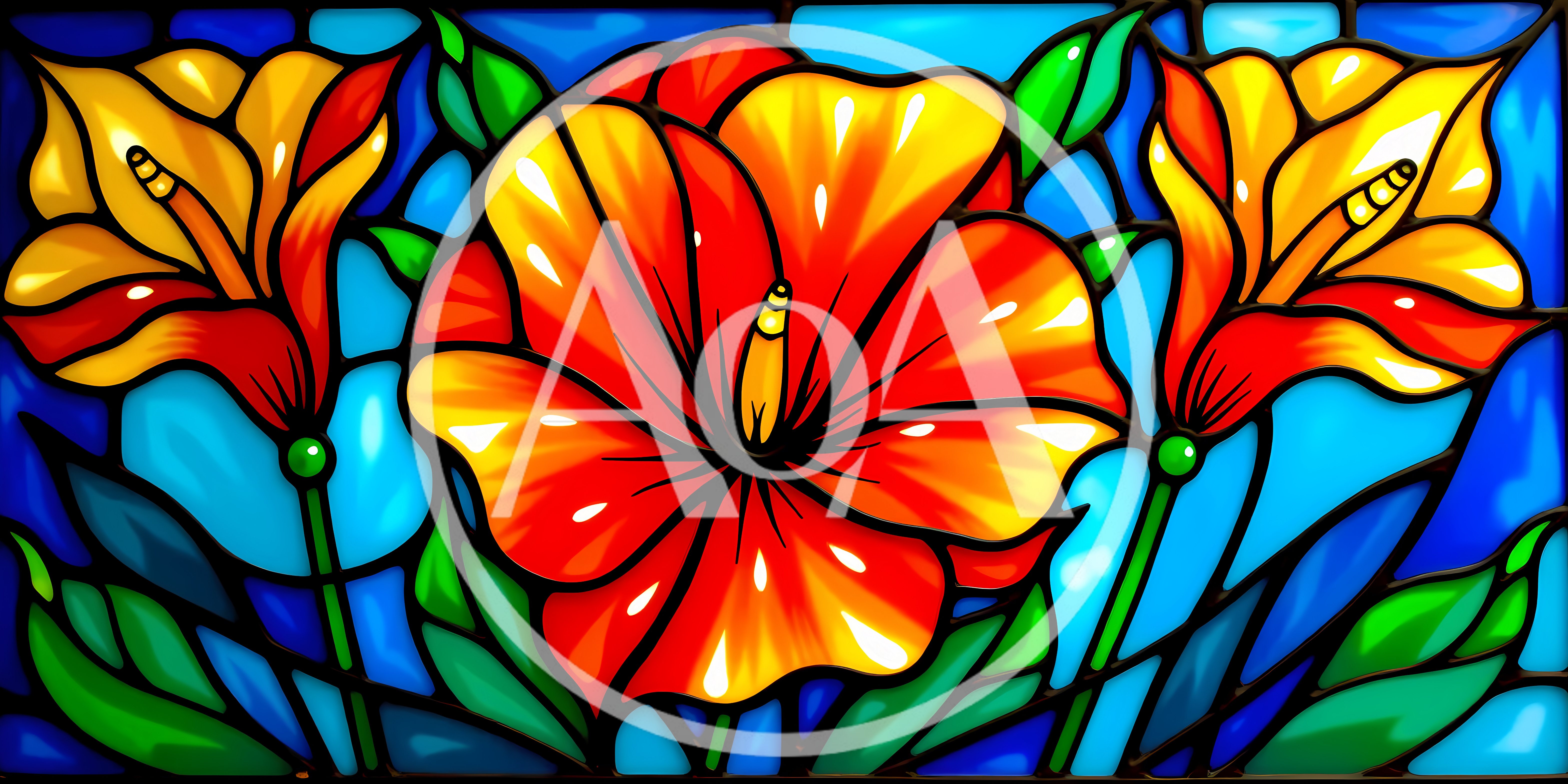 Stained Glass Window Featuring Vibrant Red And Yellow Flowers