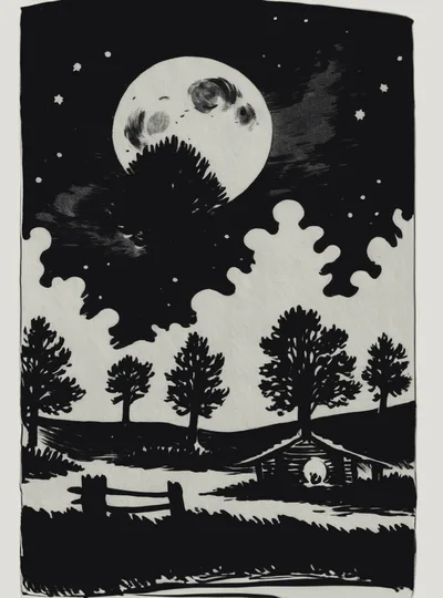 Black And White Woodcut Style Night Landscape Illustration