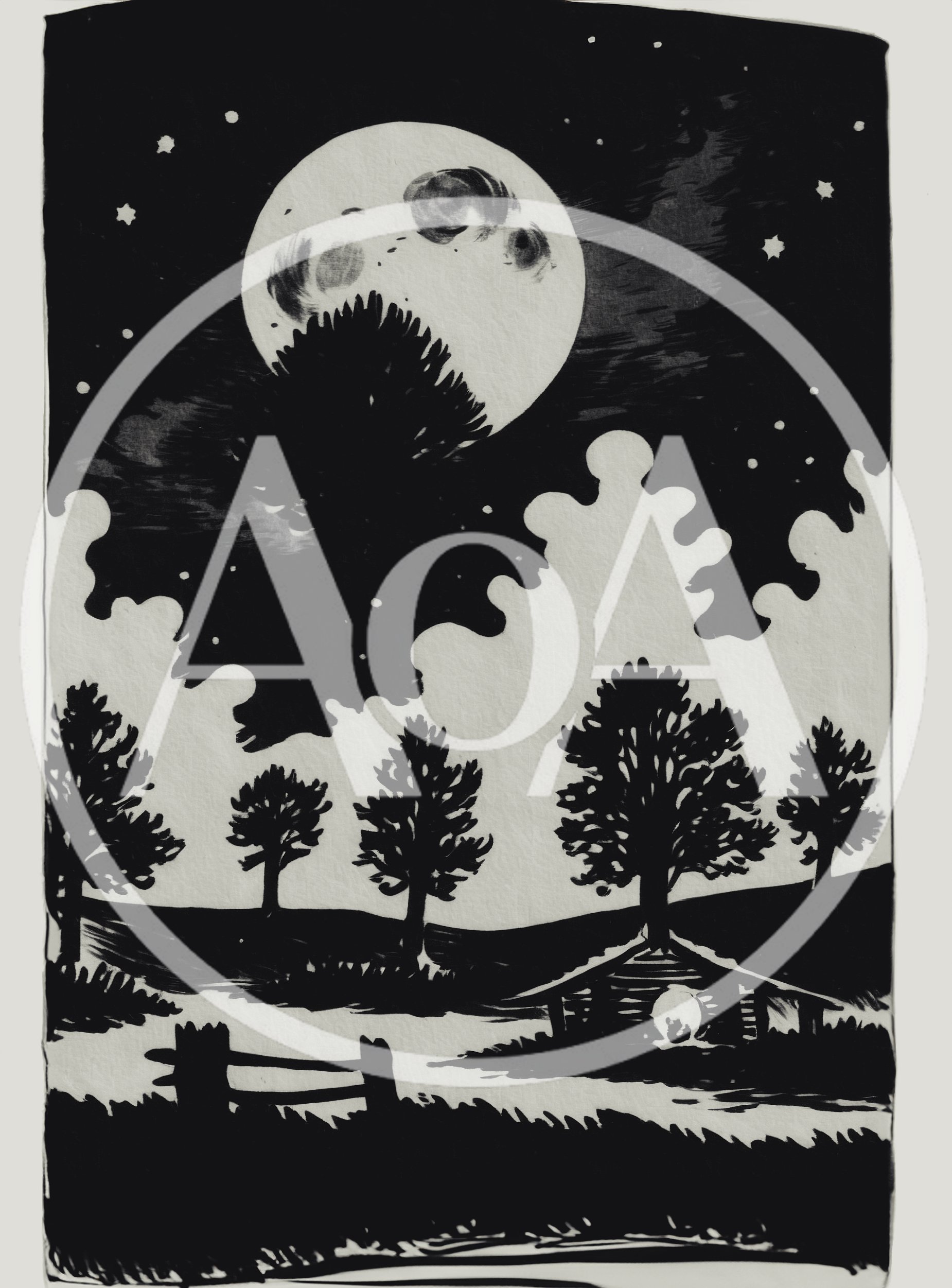 Black And White Woodcut Style Night Landscape Illustration