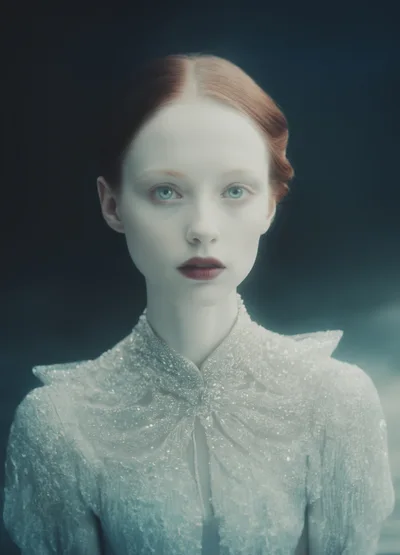 Ethereal Pale Woman In Intricate Silver Lace Gown