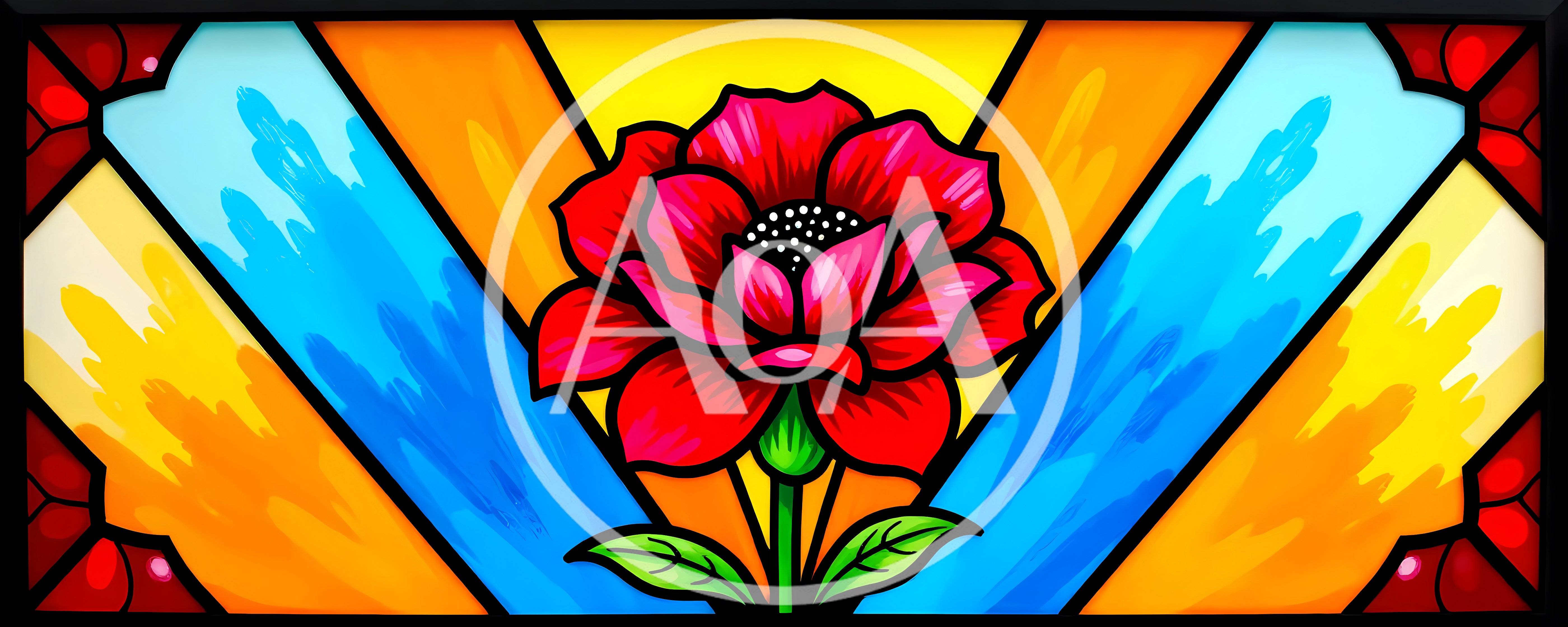 Stained Glass Window Featuring A Vibrant Red Flower