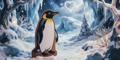 Cardboard Penguin Cutout in a Magical Snowy Landscape