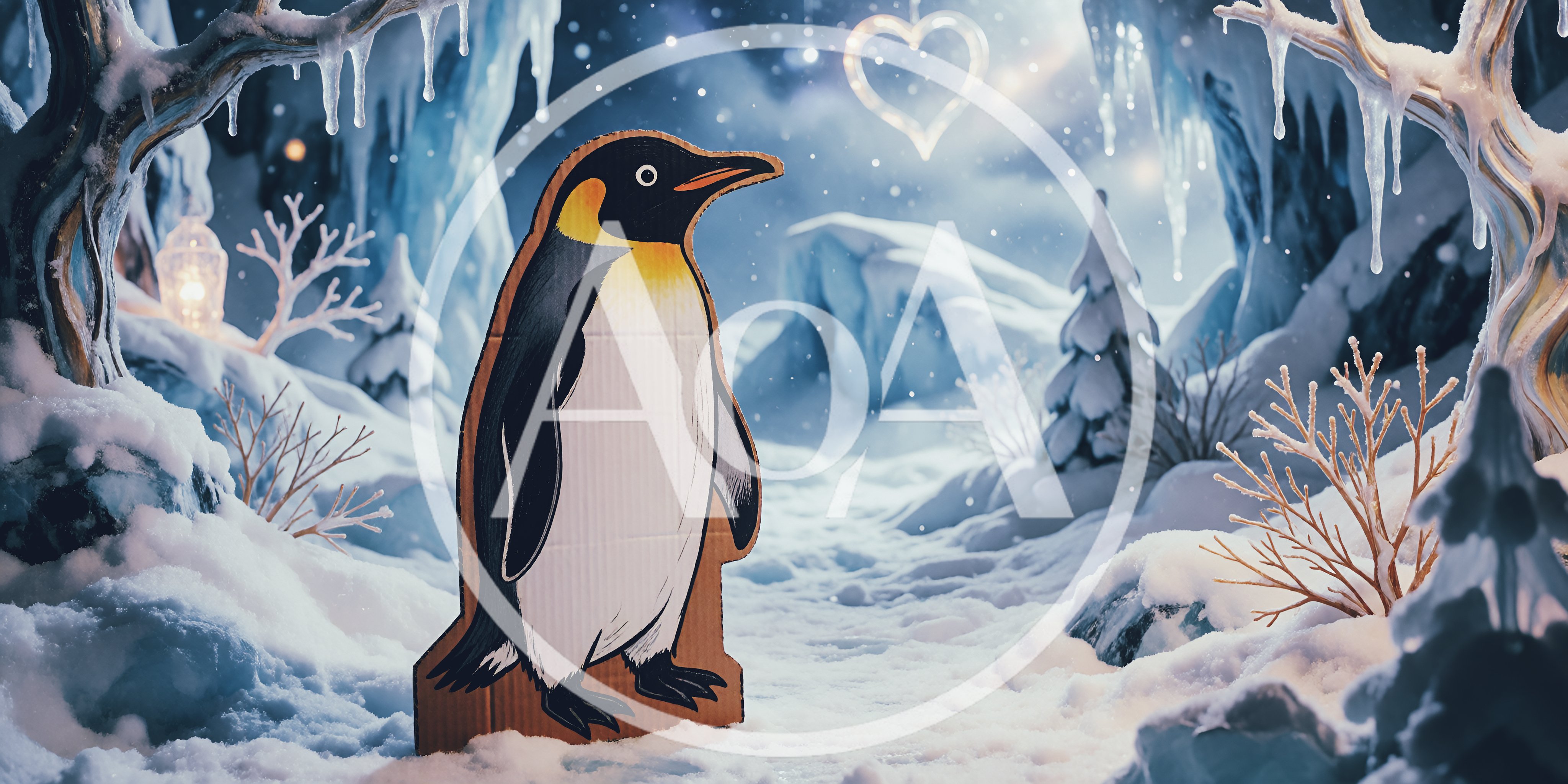 Cardboard Penguin Cutout in a Magical Snowy Landscape