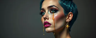 Portrait Of A Woman With Golden Liquid Tears
