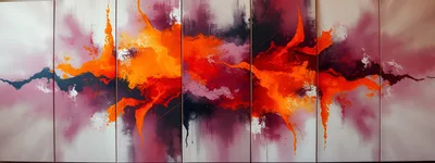 Abstract Five Panel Wall Art With Vibrant Orange Splatter