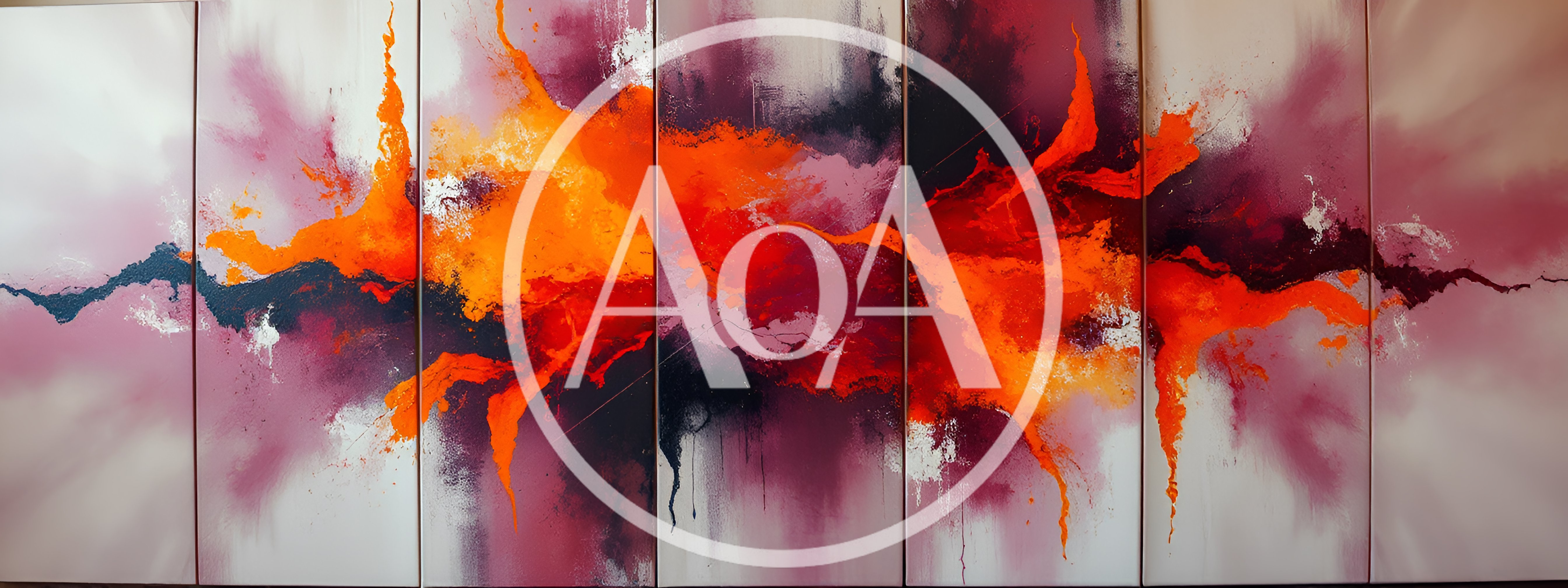 Abstract Five Panel Wall Art With Vibrant Orange Splatter