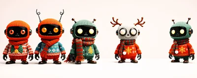 Five Cute Knitted Robot Characters Standing Together
