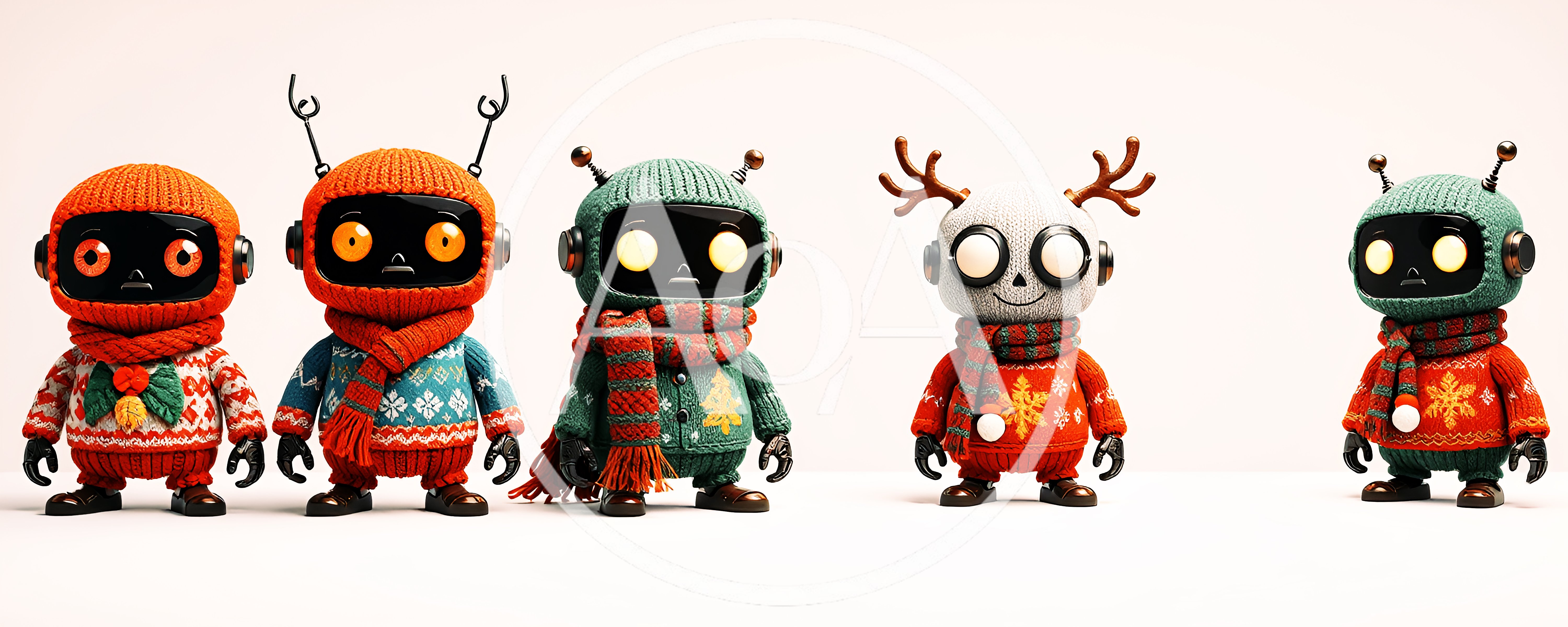 Five Cute Knitted Robot Characters Standing Together