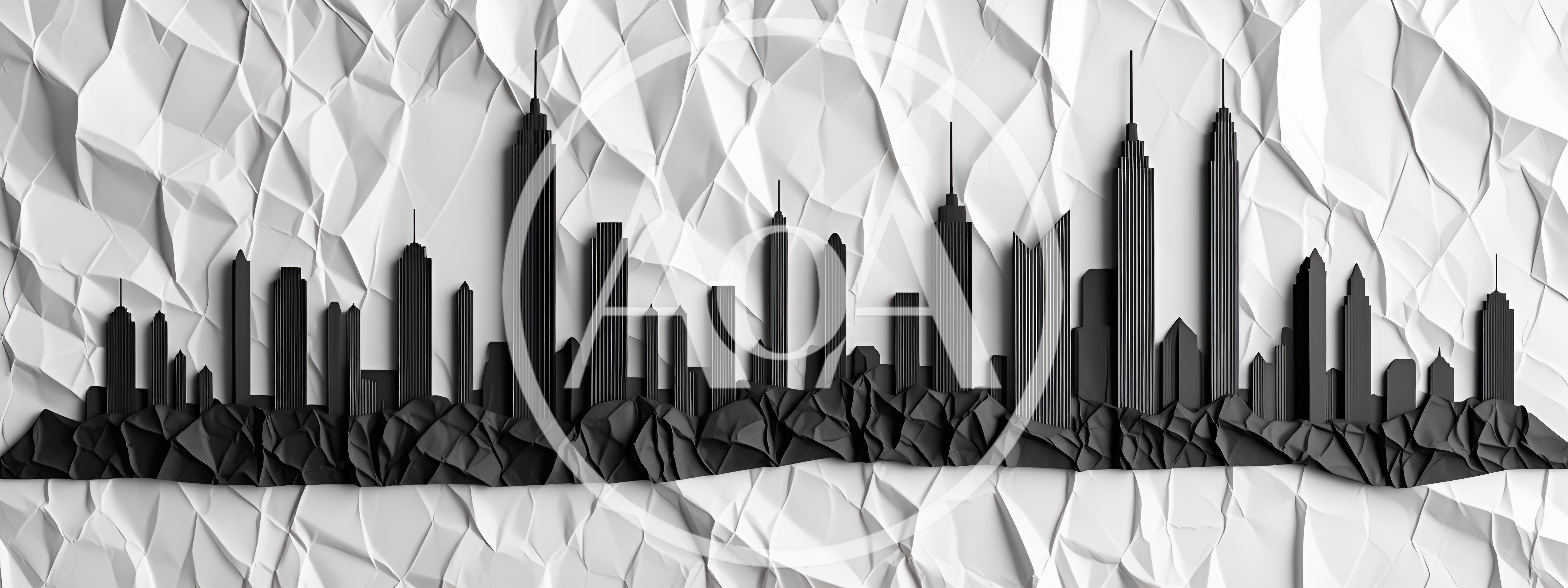 Black Paper Cutout City Skyline On Crumpled White Background