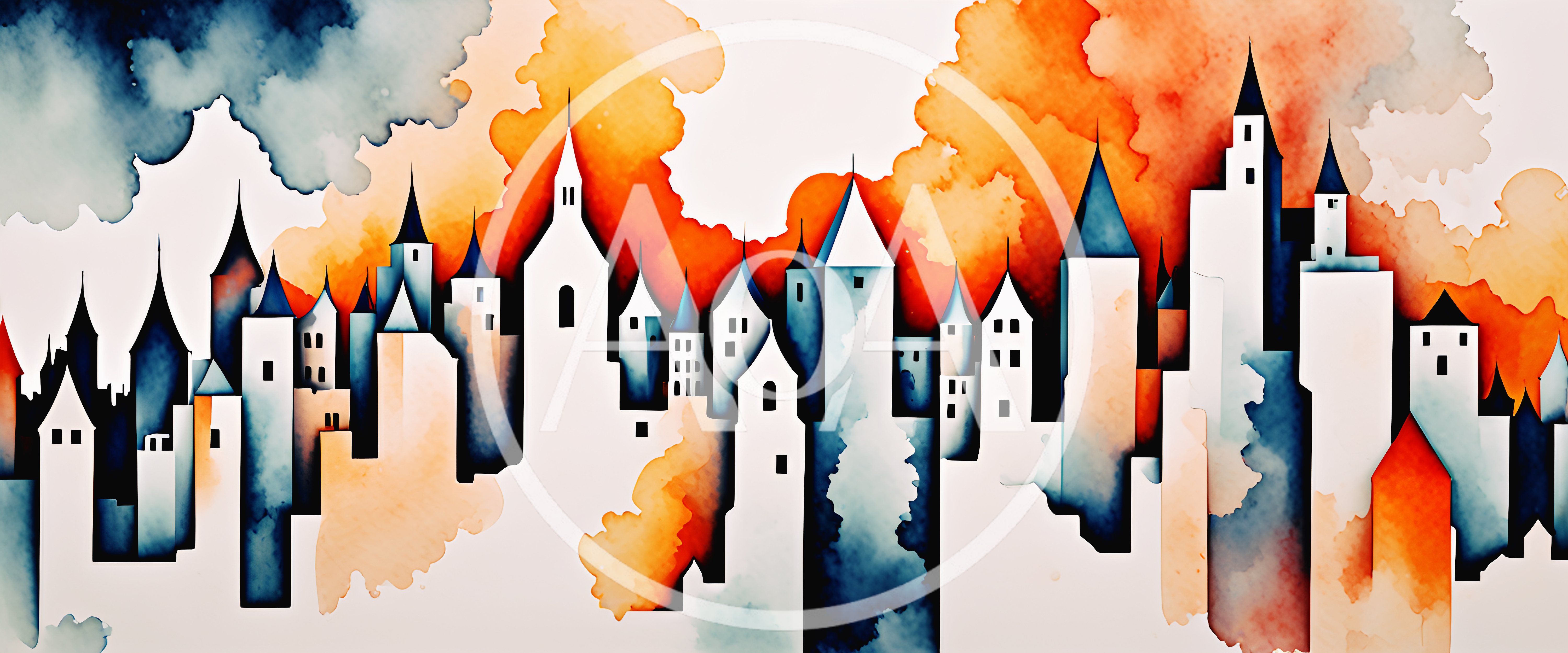 Watercolor Illustration Of A Stylized City Skyline