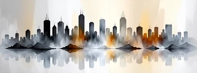Abstract Watercolor City Skyline Reflection Art