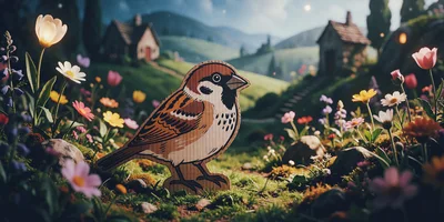 Cardboard Cutout Sparrow In A Whimsical Meadow