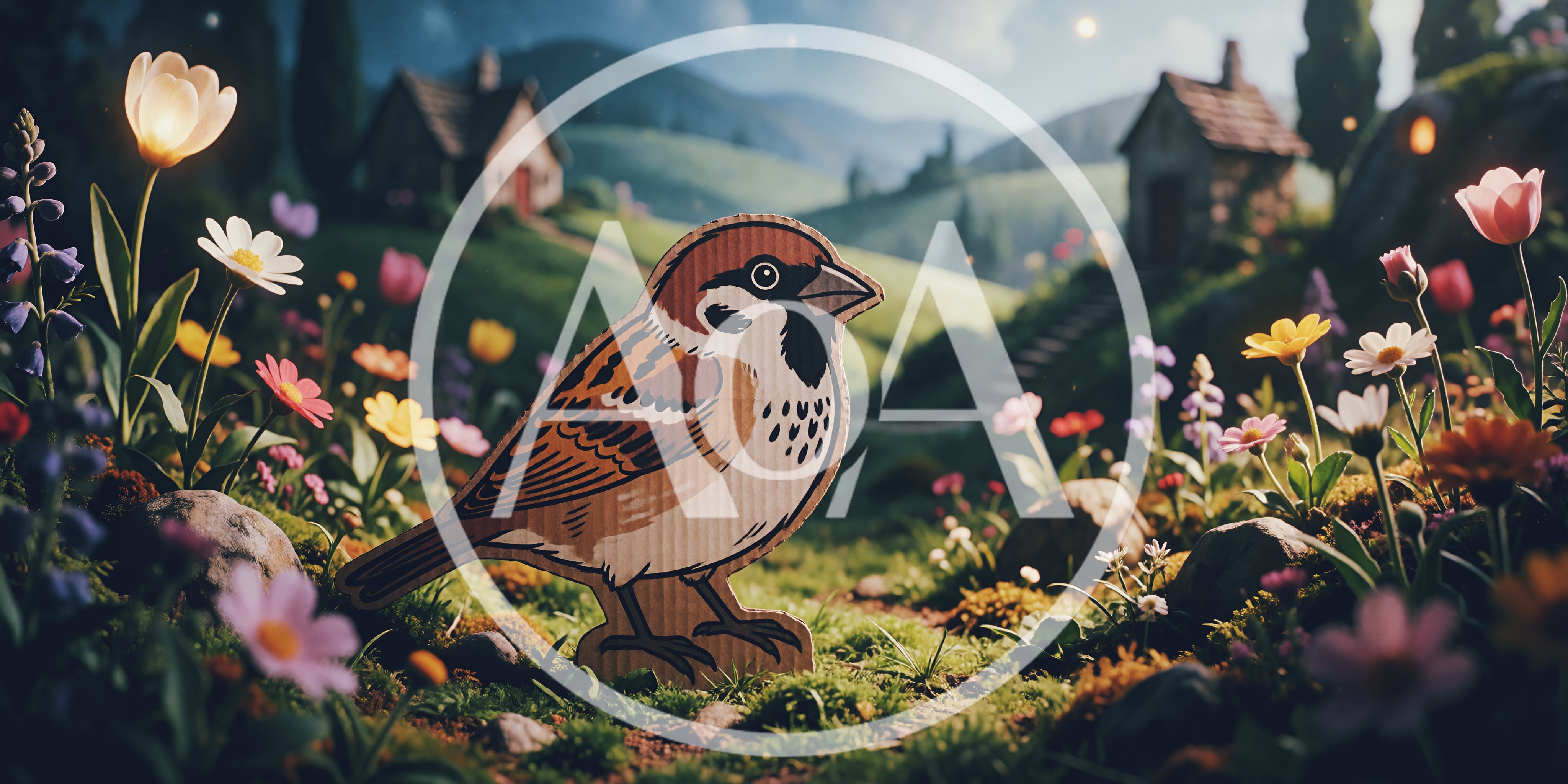 Cardboard Cutout Sparrow In A Whimsical Meadow