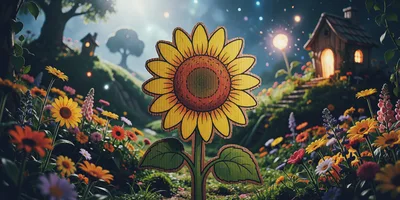 Cardboard Sunflower Cutout in a Magical Garden