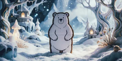 Cardboard Cutout Polar Bear in Snowy Winter Landscape