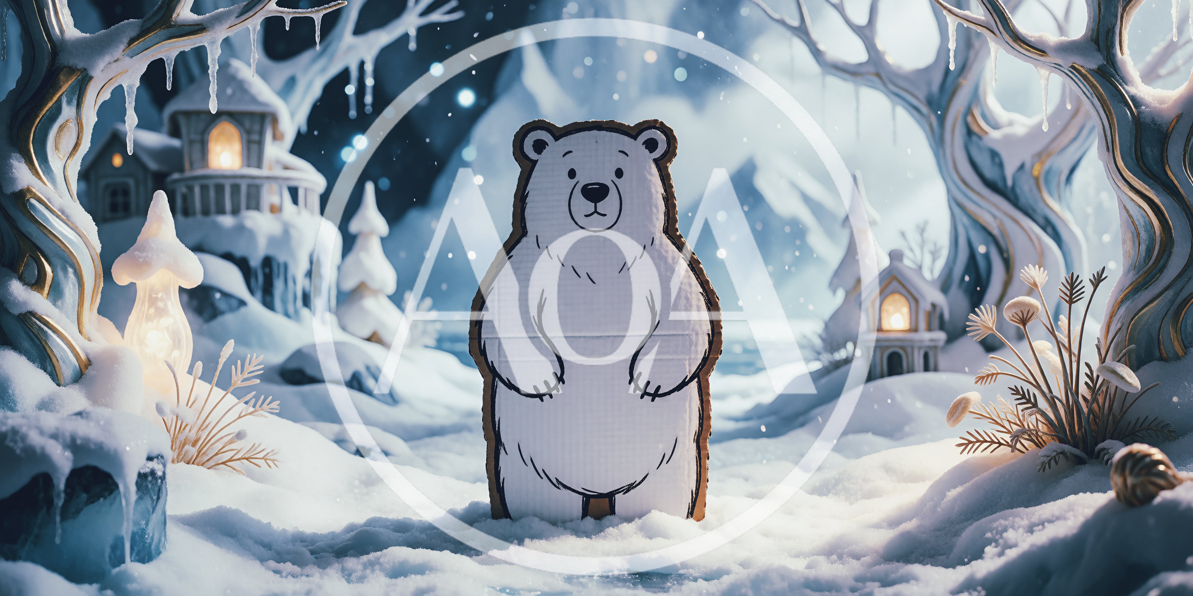 Cardboard Cutout Polar Bear in Snowy Winter Landscape