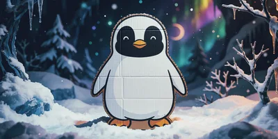 Cardboard Penguin Cutout Standing In Snowy Winter Landscape