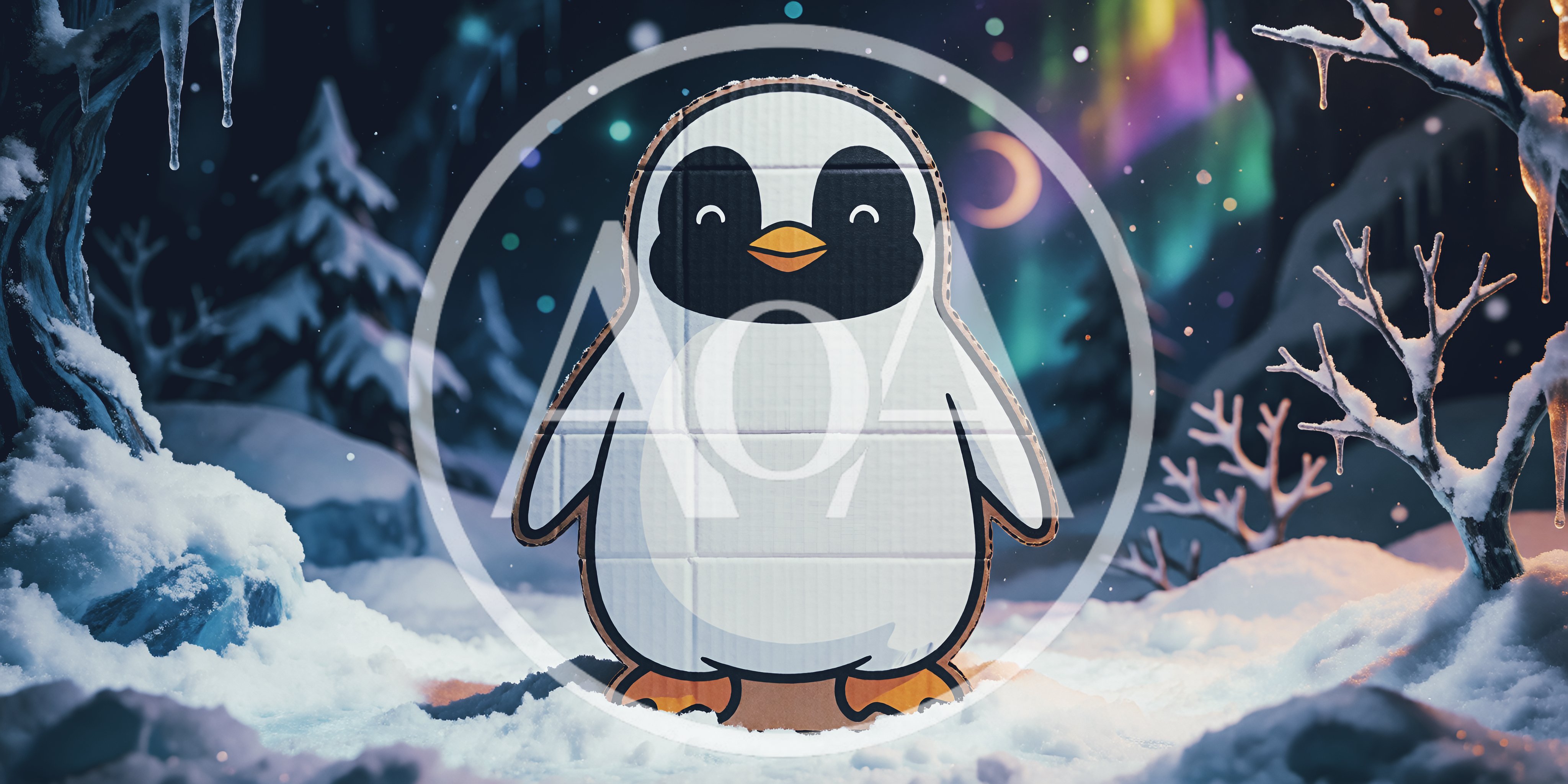 Cardboard Penguin Cutout Standing In Snowy Winter Landscape