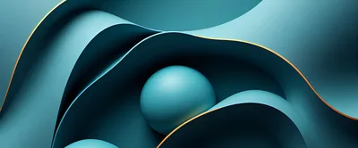 Abstract Teal Waves With Golden Edges And Sphere