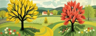Stylized Landscape Painting With Yellow And Red Trees