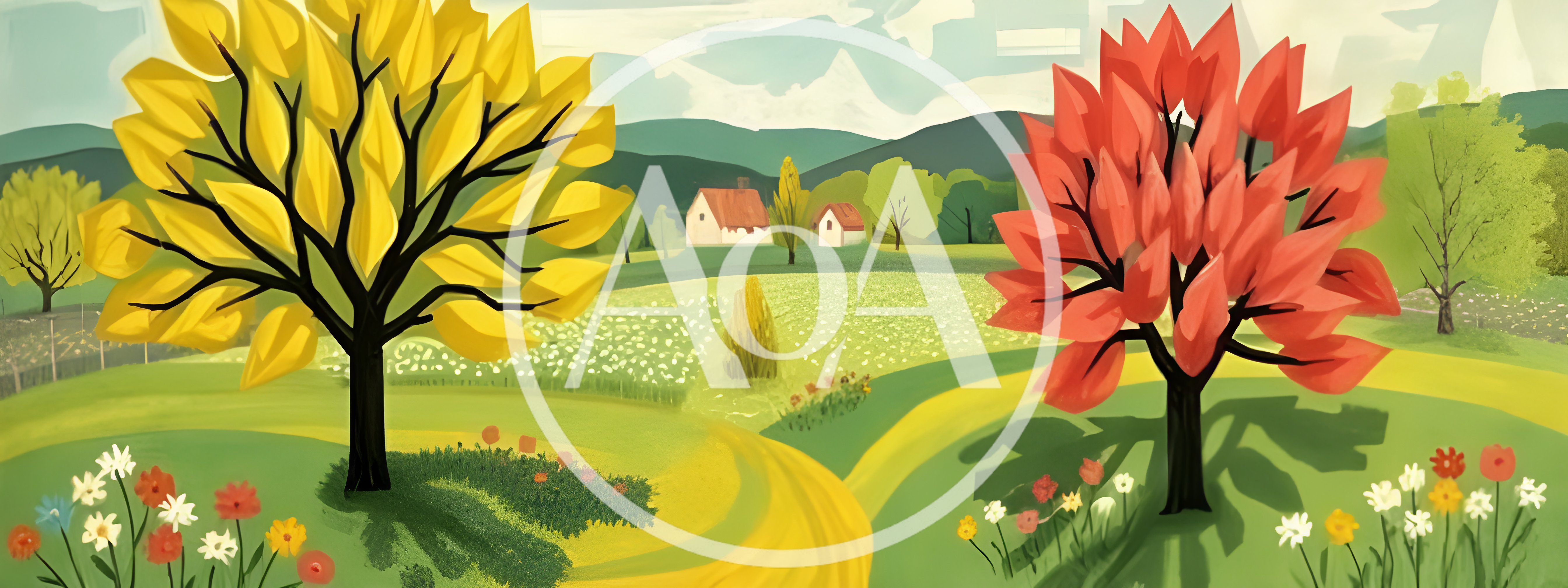 Stylized Landscape Painting With Yellow And Red Trees