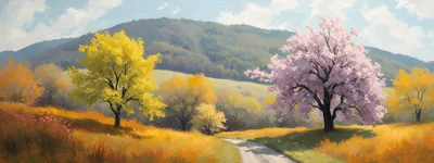 Scenic Landscape With Yellow And Pink Trees