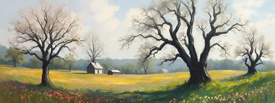 Pastoral Landscape Painting With Large Trees And Farmhouse