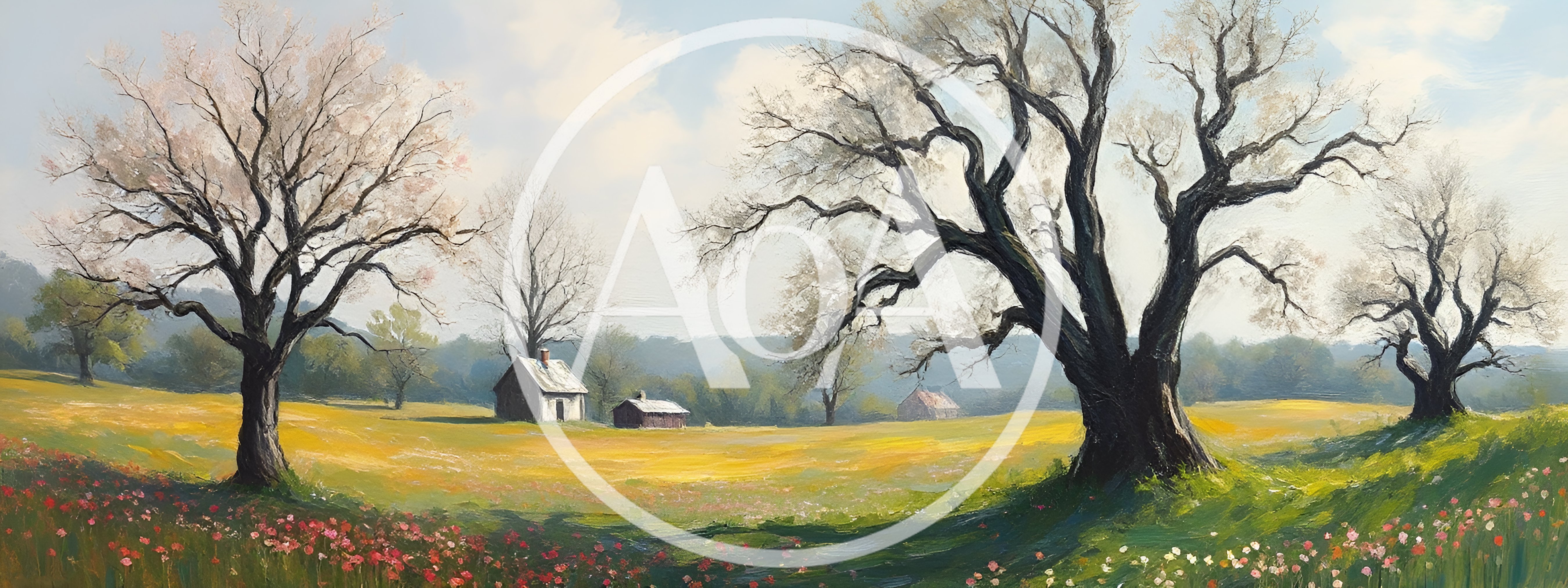 Pastoral Landscape Painting With Large Trees And Farmhouse